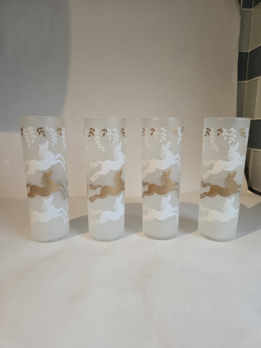 Frosted Glass Tumbler Set with Gold & White Horse Motif - Home Accents